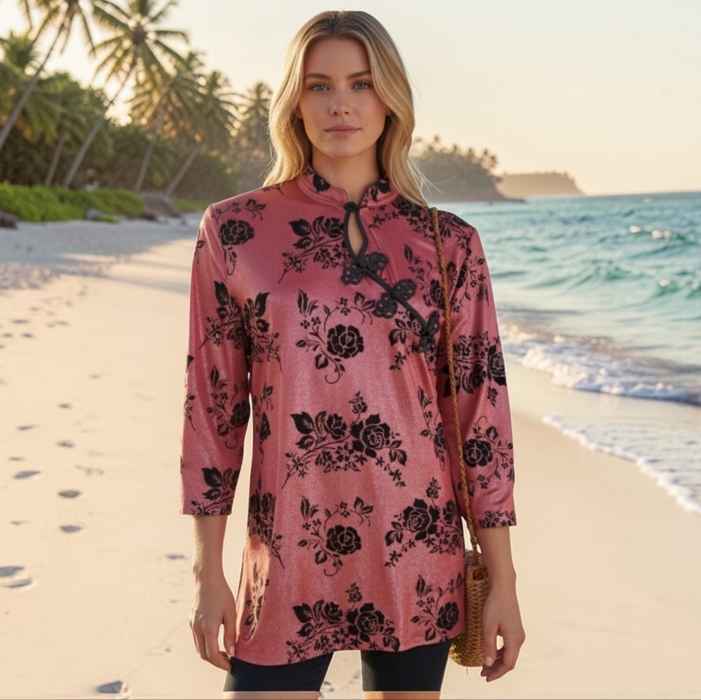 Champagne ! pink blouse with velvet black flowers embroidery details style asian
